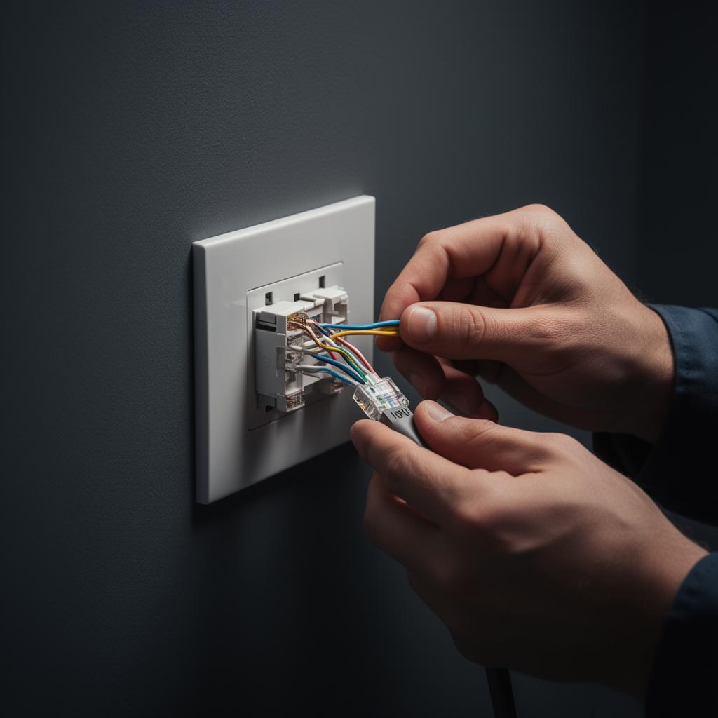 Technician organizing network cabling in an office