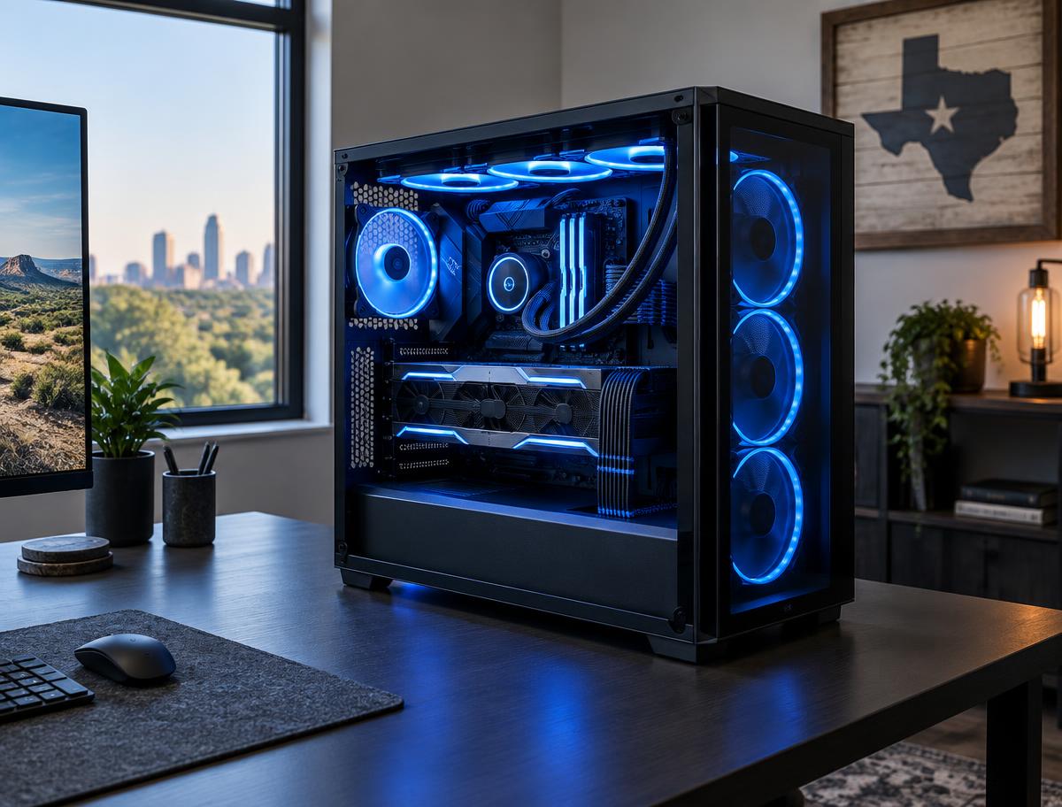 High-end custom PC with blue-lit fans and a glass side panel