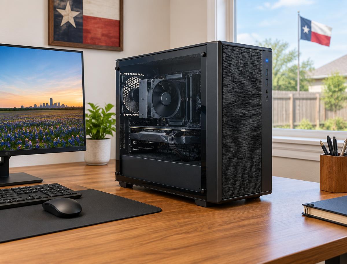 Practical black desktop PC with a mesh front on a home-office desk