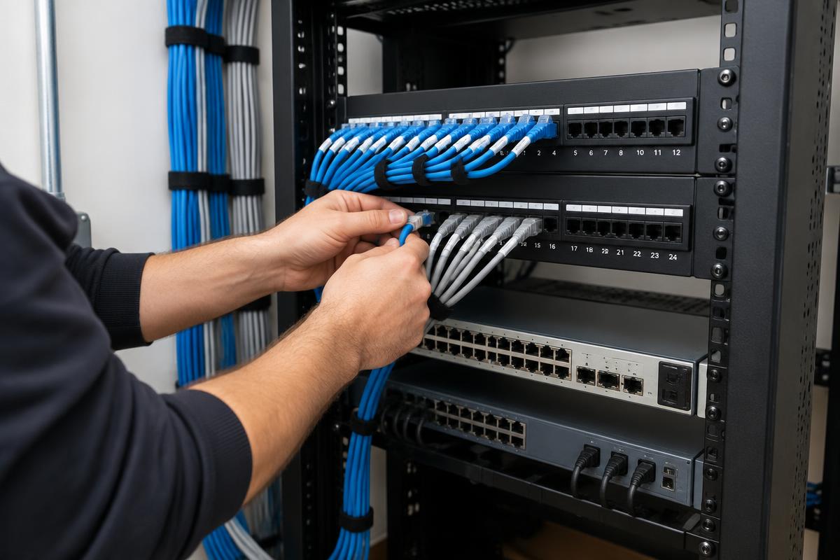 Technician connecting organized network cables to a patch panel