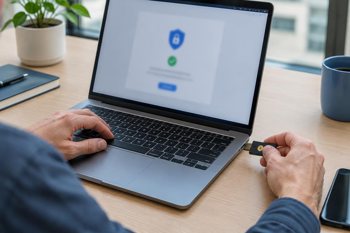 Employee using a security key to protect a laptop account