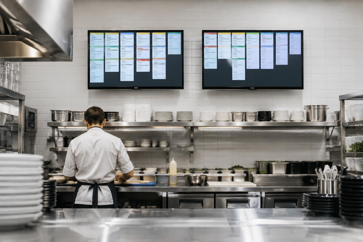 Kitchen order display screens mounted above a restaurant prep counter