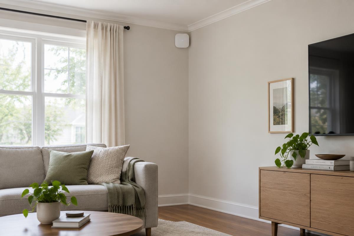 White Wi-Fi access point mounted on the upper wall of a home living room