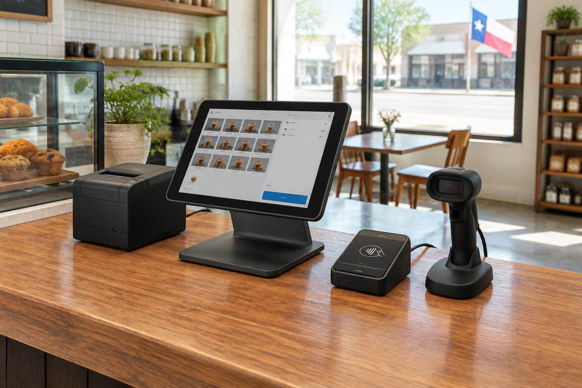 Point-of-sale terminal, receipt printer, card reader and scanner at a cafe counter